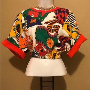 Red MultiColor Abstract Print Bomber Crop Top L